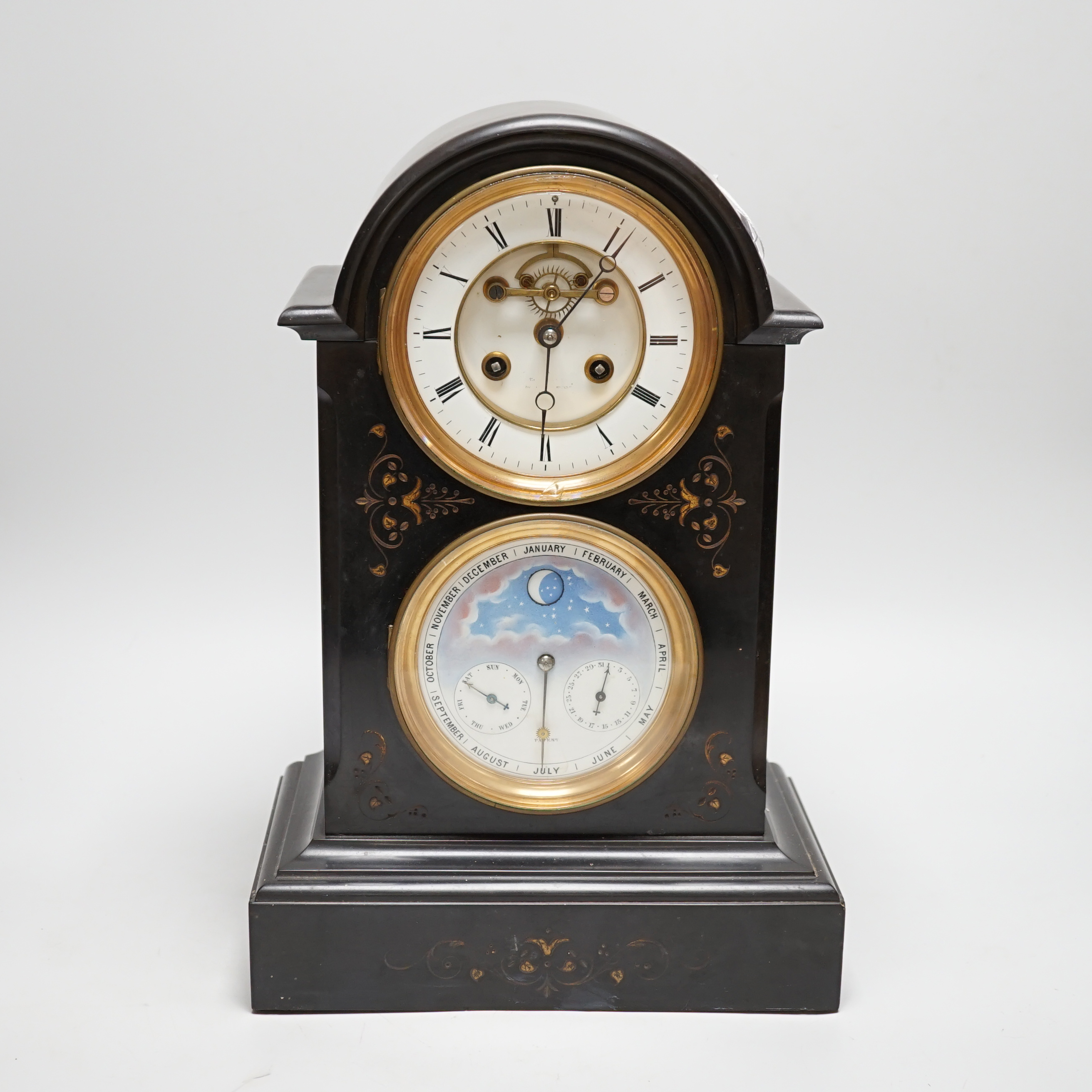 A late 19th century French black slate mantel clock with brocot style escapement and second dial with calendar work, 39.3cm high